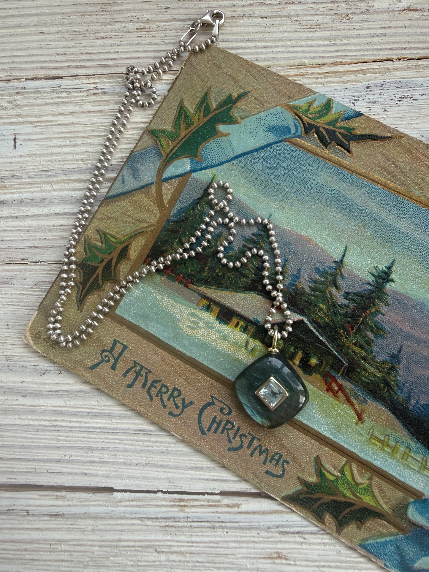 Labradorite with blue topaz on sterling ball chain necklace. 18”