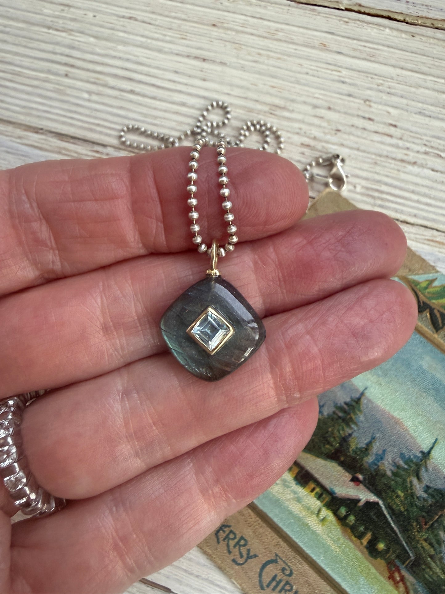 Labradorite with blue topaz on sterling ball chain necklace. 18”
