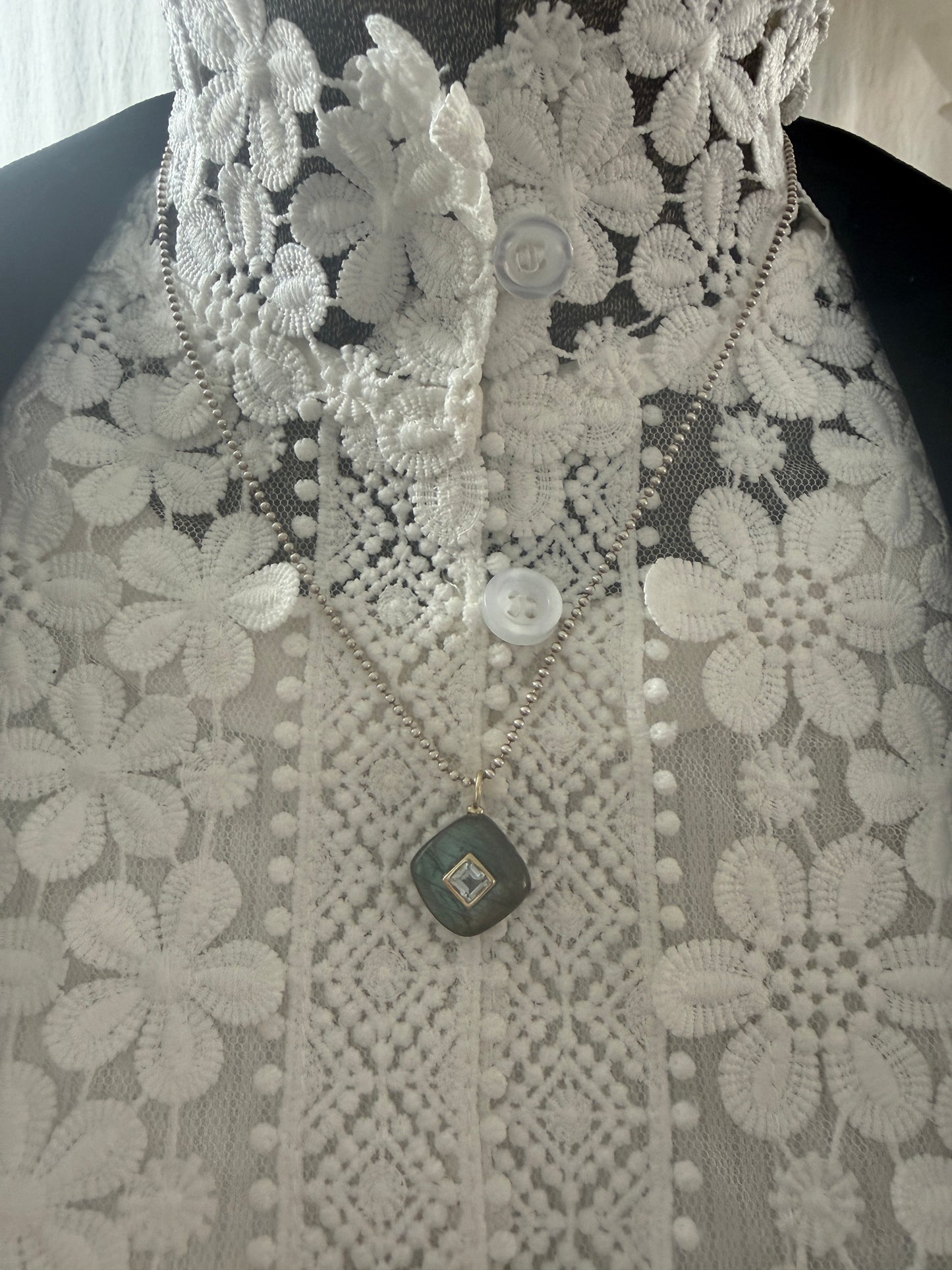 Labradorite with blue topaz on sterling ball chain necklace. 18”