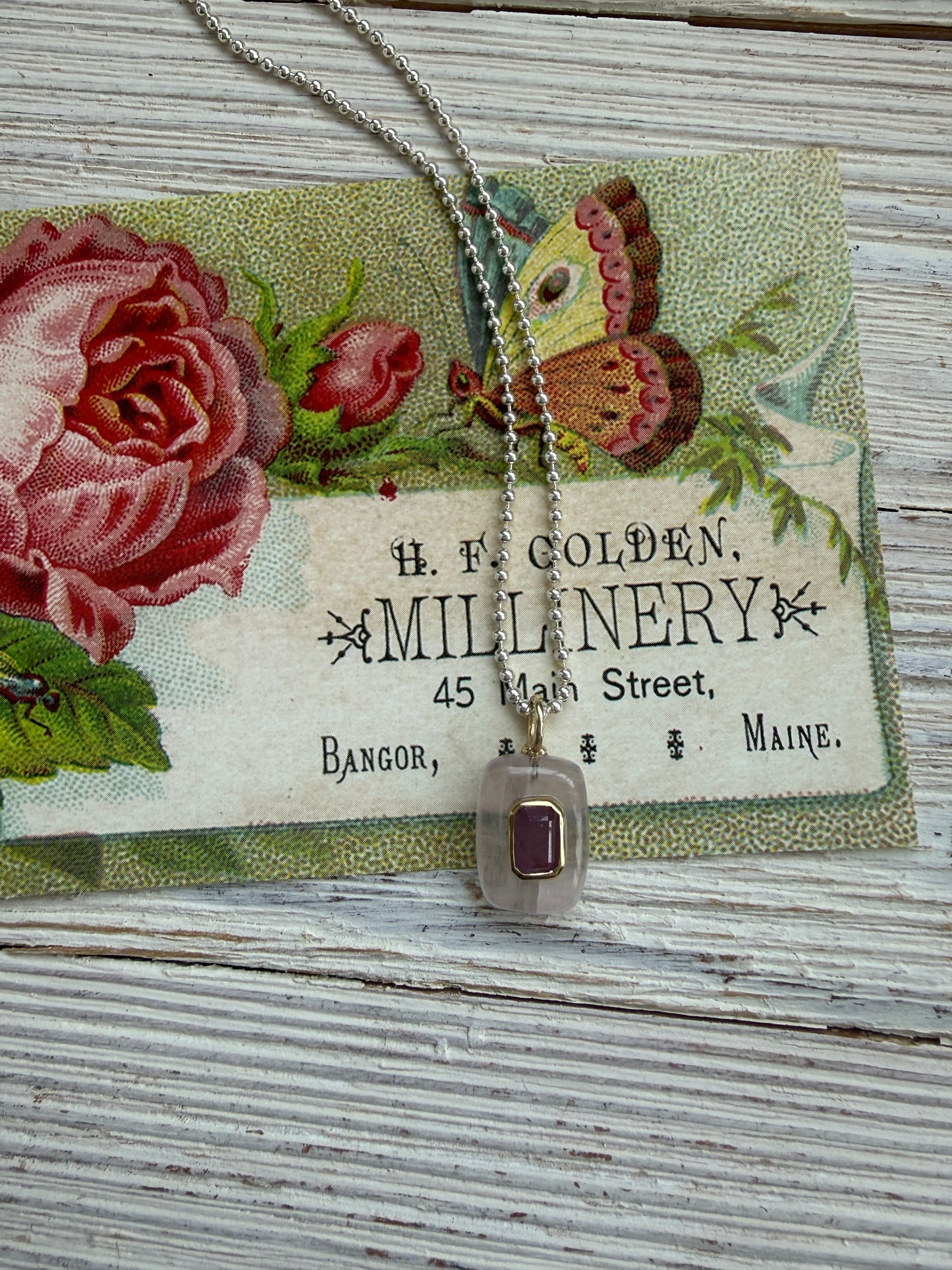 Rose quartz with pink topaz on sterling ball chain necklace. 18” long.