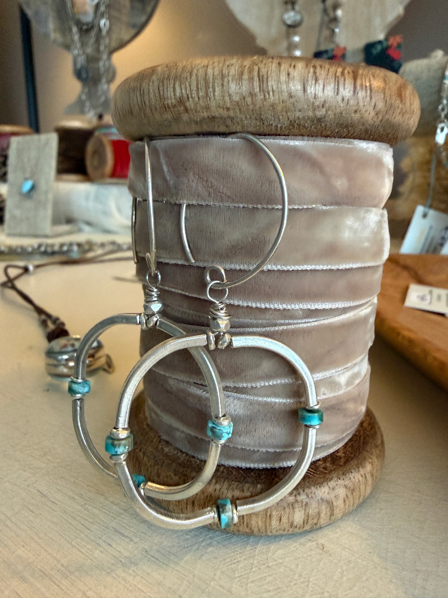 Segmented fine silver hoops with turquoise earrings.