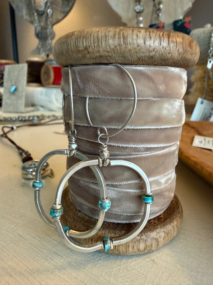 Segmented fine silver hoops with turquoise earrings.