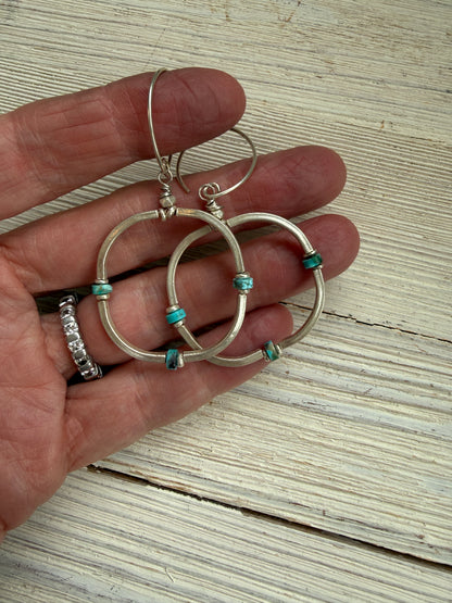 Segmented fine silver hoops with turquoise earrings.
