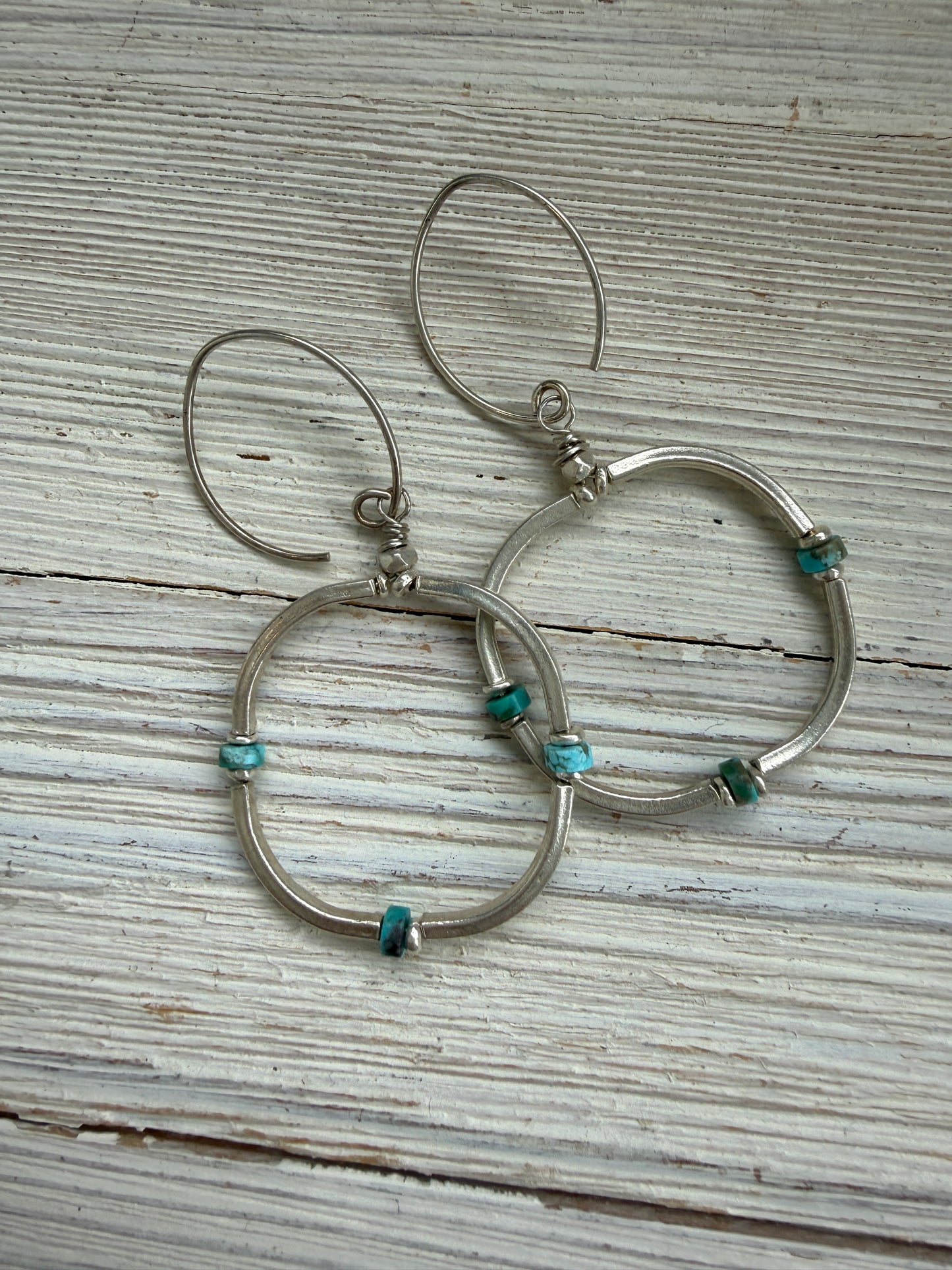Segmented fine silver hoops with turquoise earrings.