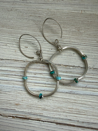 Segmented fine silver hoops with turquoise earrings.