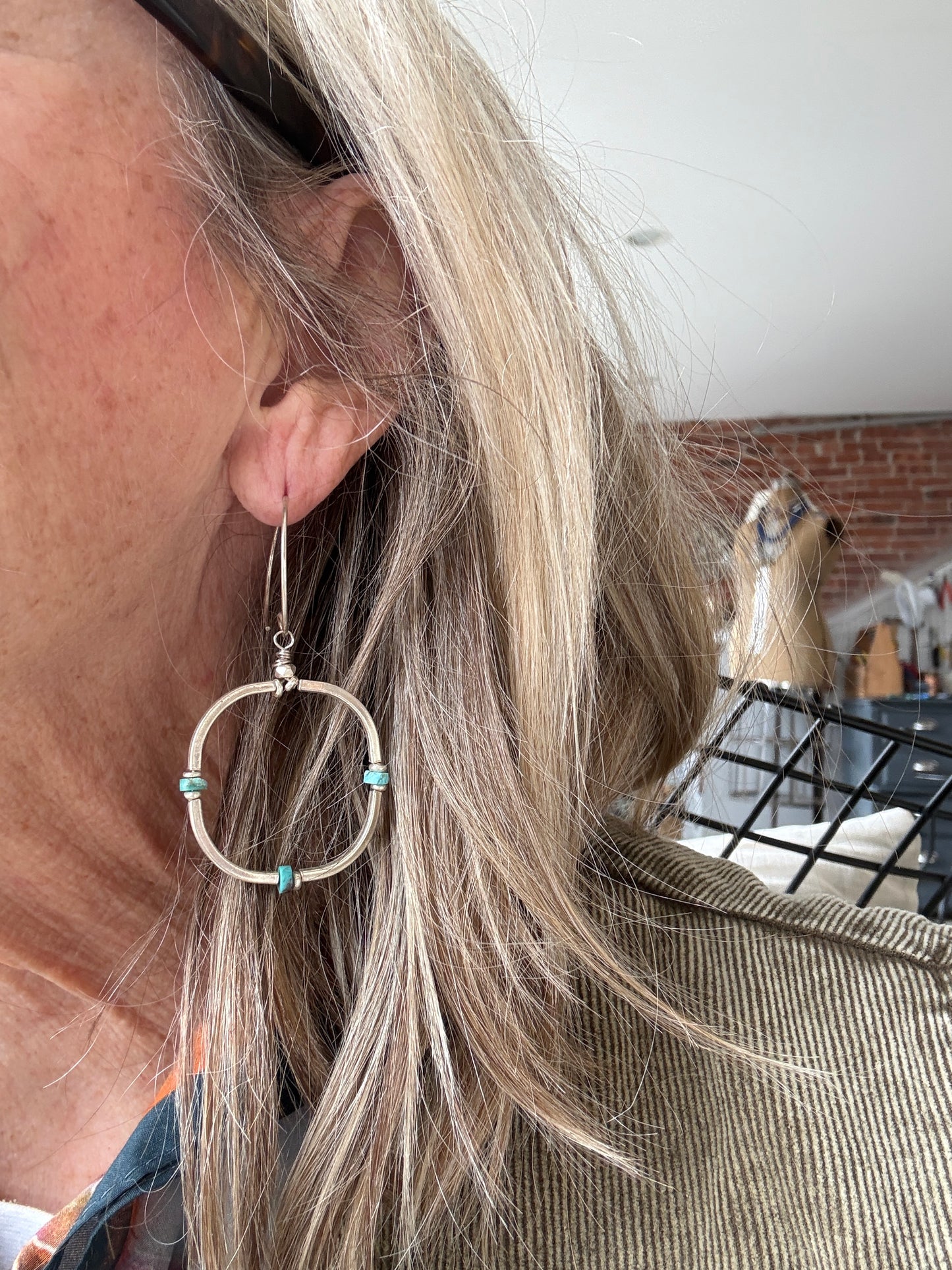Segmented fine silver hoops with turquoise earrings.