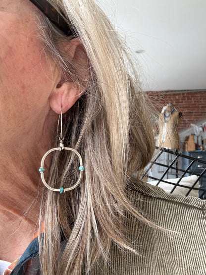 Segmented fine silver hoops with turquoise earrings.