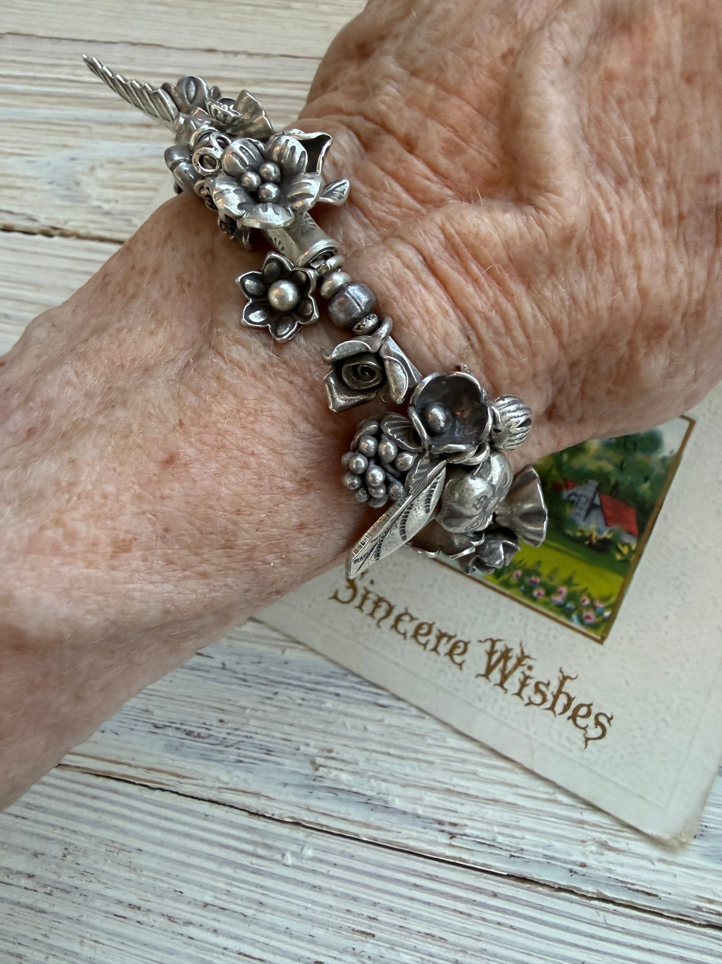 Fine silver leaves and flowers bracelet 7-8”.