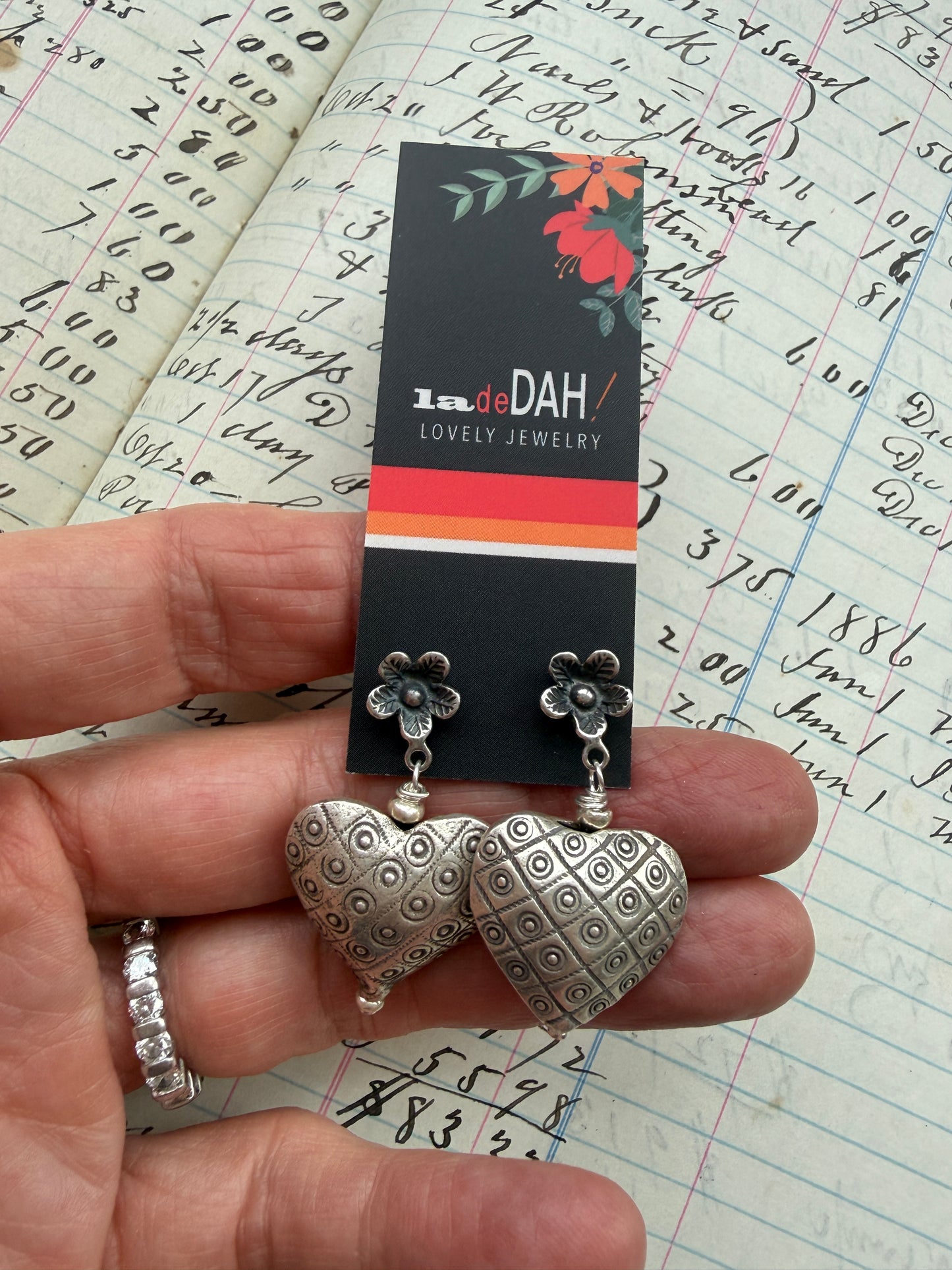 Fine silver puffy hearts on flower post earrings.