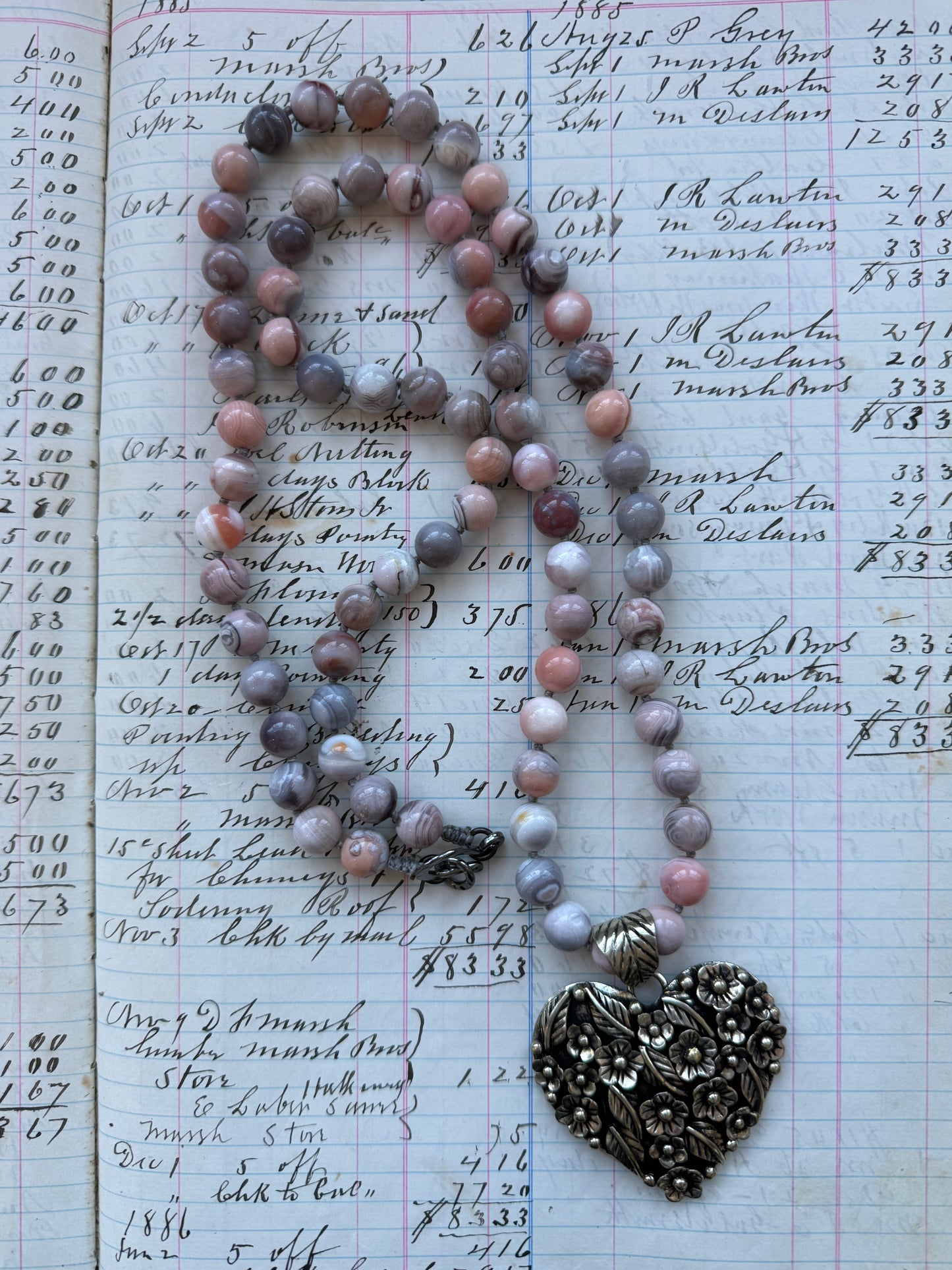 Tibetan flowered heart pendant on pink Botswana agates long necklace.