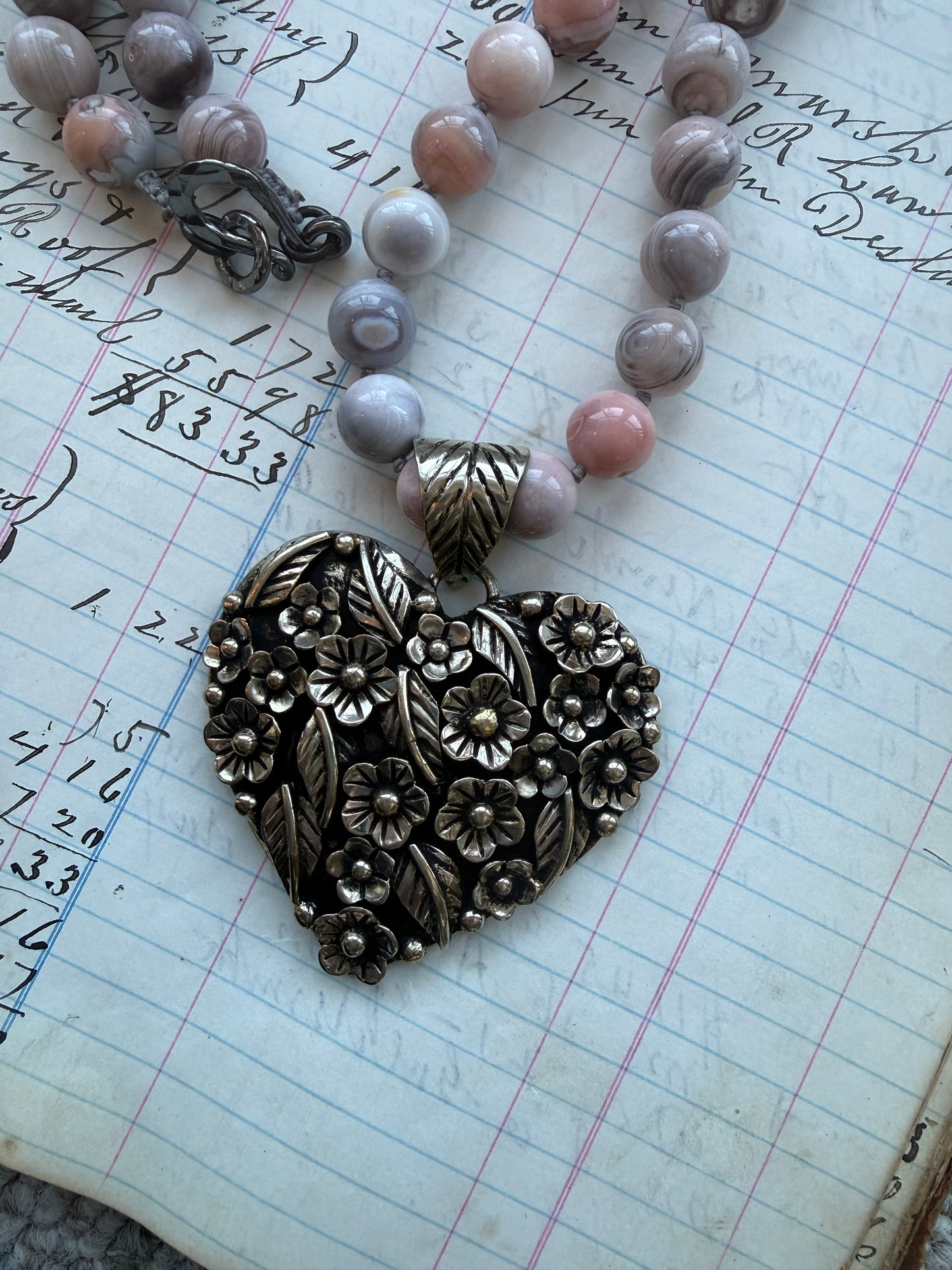 Tibetan flowered heart pendant on pink Botswana agates long necklace.