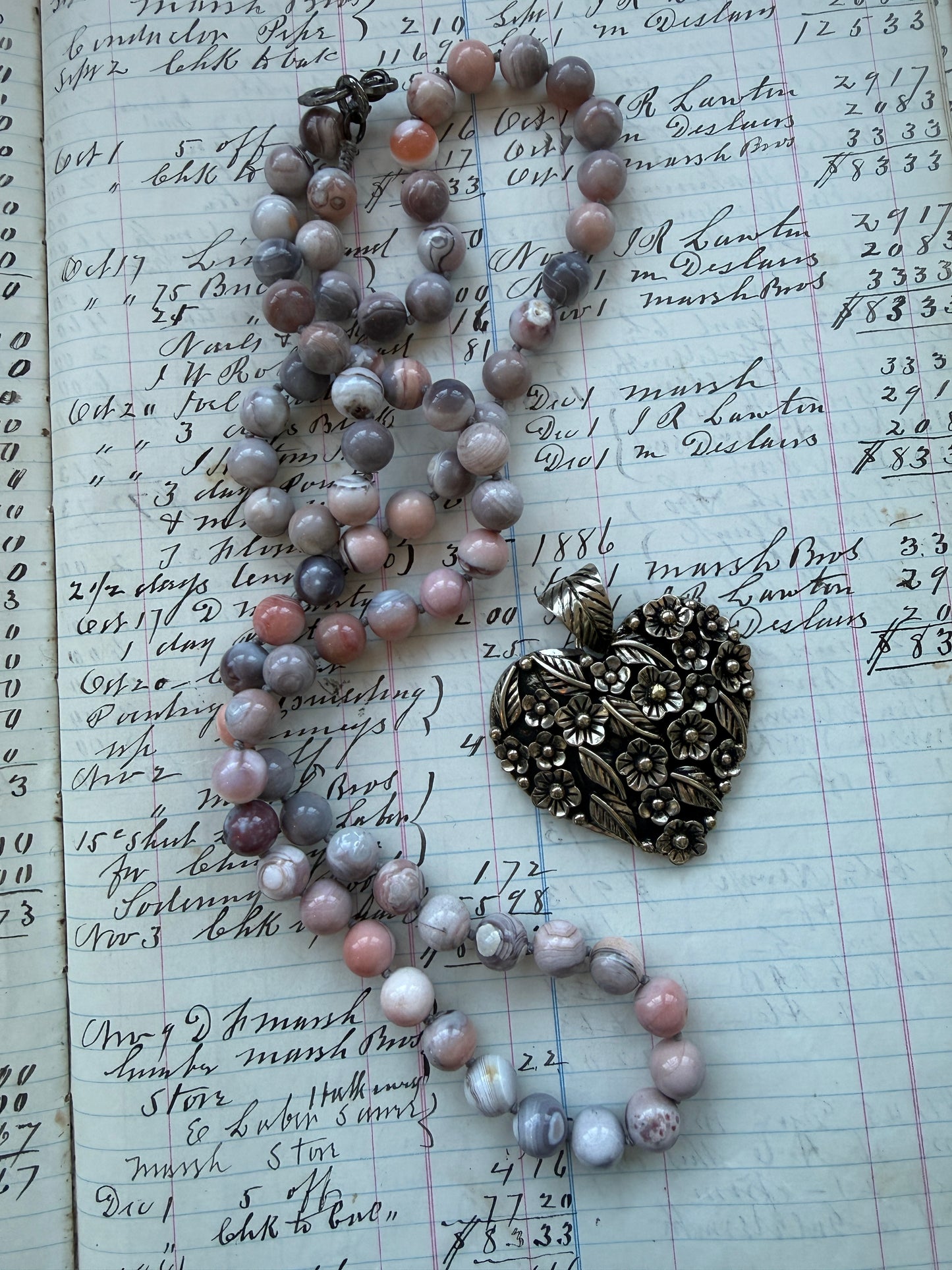 Tibetan flowered heart pendant on pink Botswana agates long necklace.