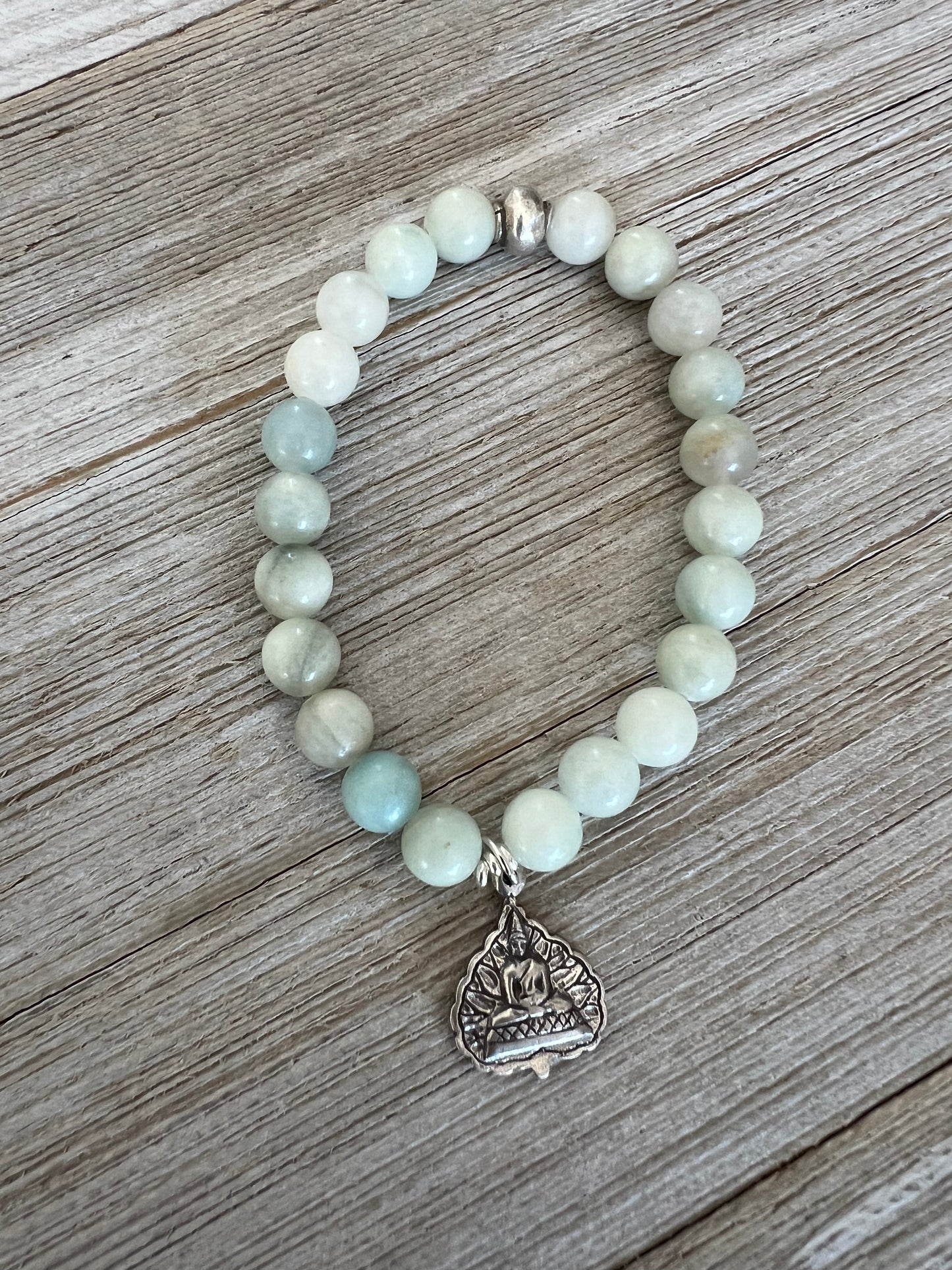 Sitting Buddha charm on Amazonite stack bracelet