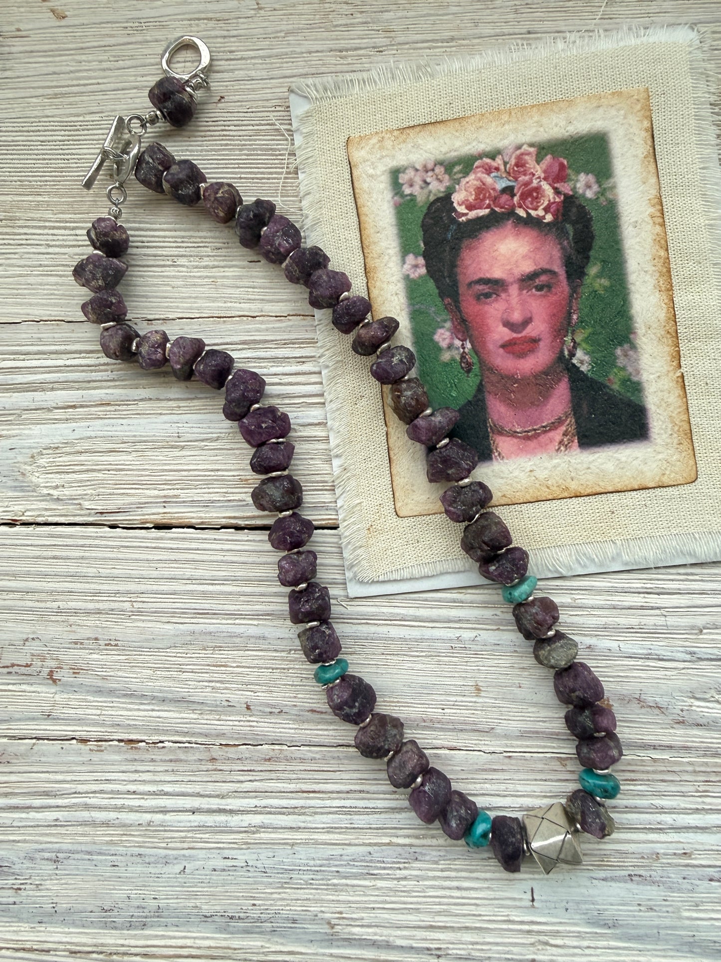 Rough cut rubies with turquoise and fine silver necklace.