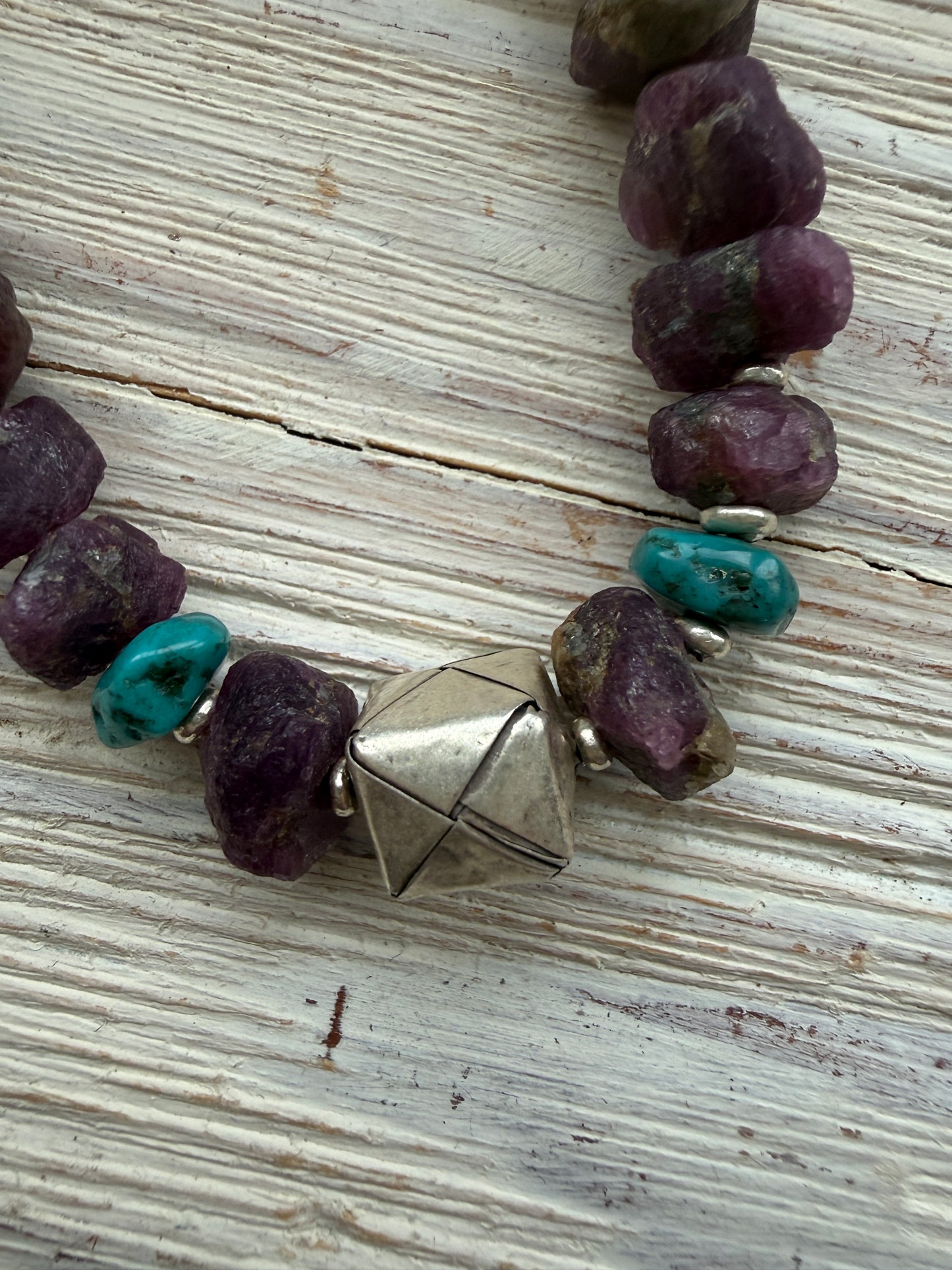 Rough cut rubies with turquoise and fine silver necklace.