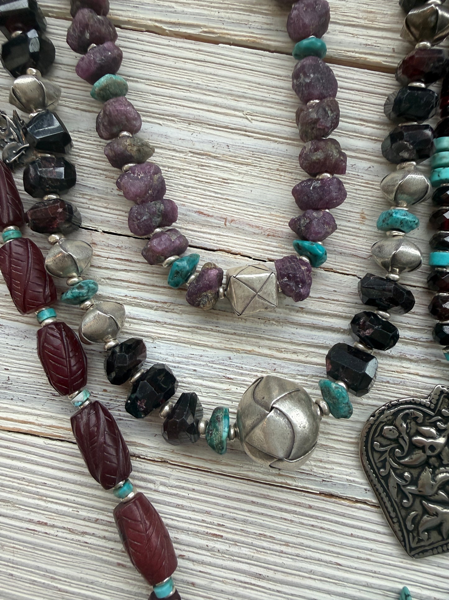 Faceted garnets with fine silver origami beads and turquoise necklace.