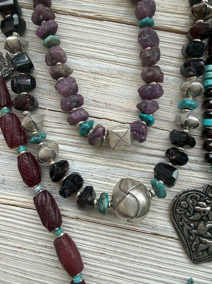 Faceted garnets with fine silver origami beads and turquoise necklace.