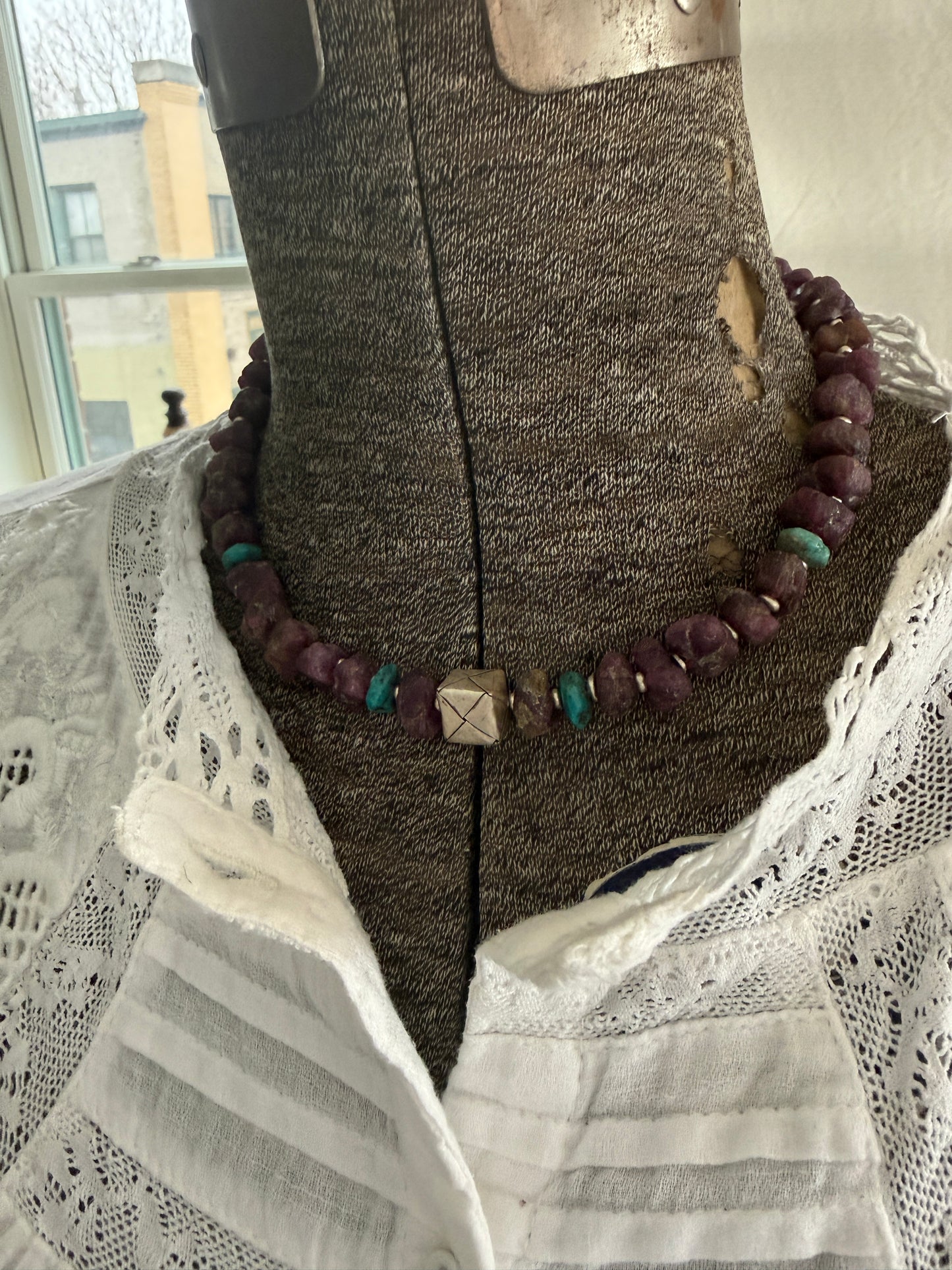 Rough cut rubies with turquoise and fine silver necklace.