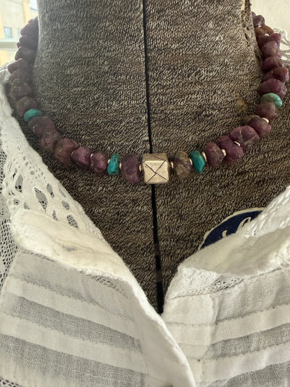 Rough cut rubies with turquoise and fine silver necklace.