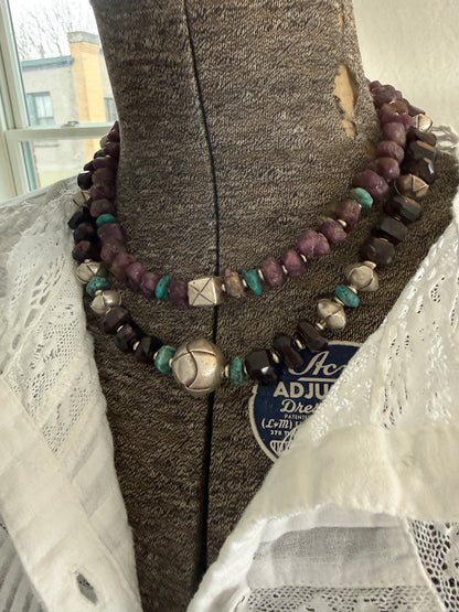Faceted garnets with fine silver origami beads and turquoise necklace.