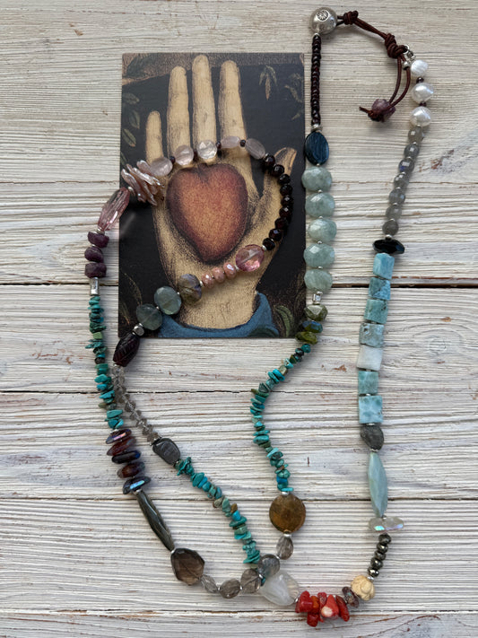 Gemstone medley long necklace 47” long.
