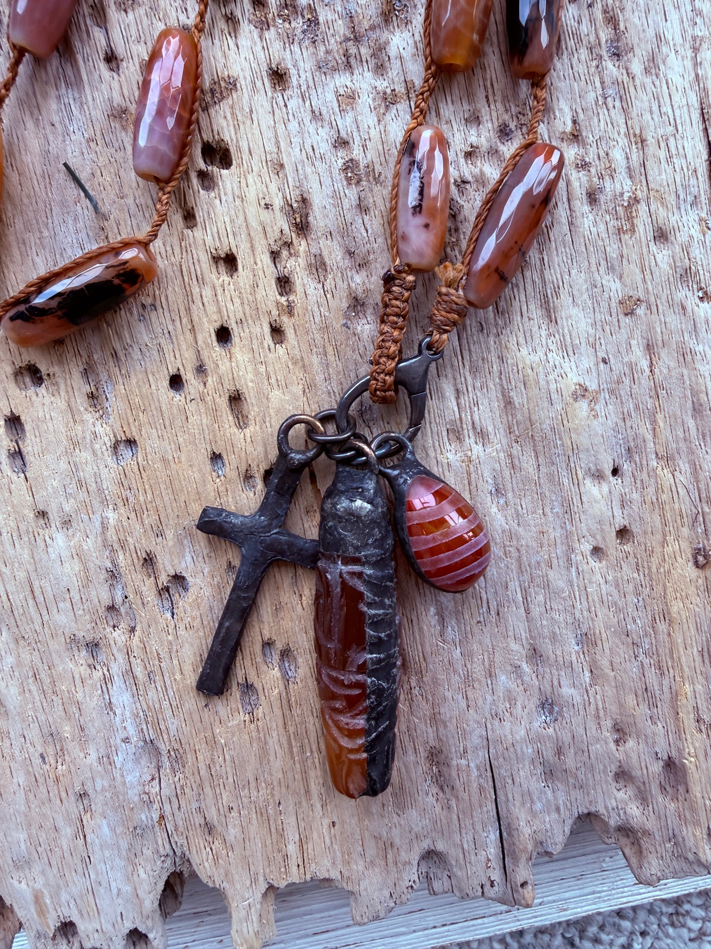 Hand knotted carnelian agates with sterling clasp and (removable) agate pendants long necklace.