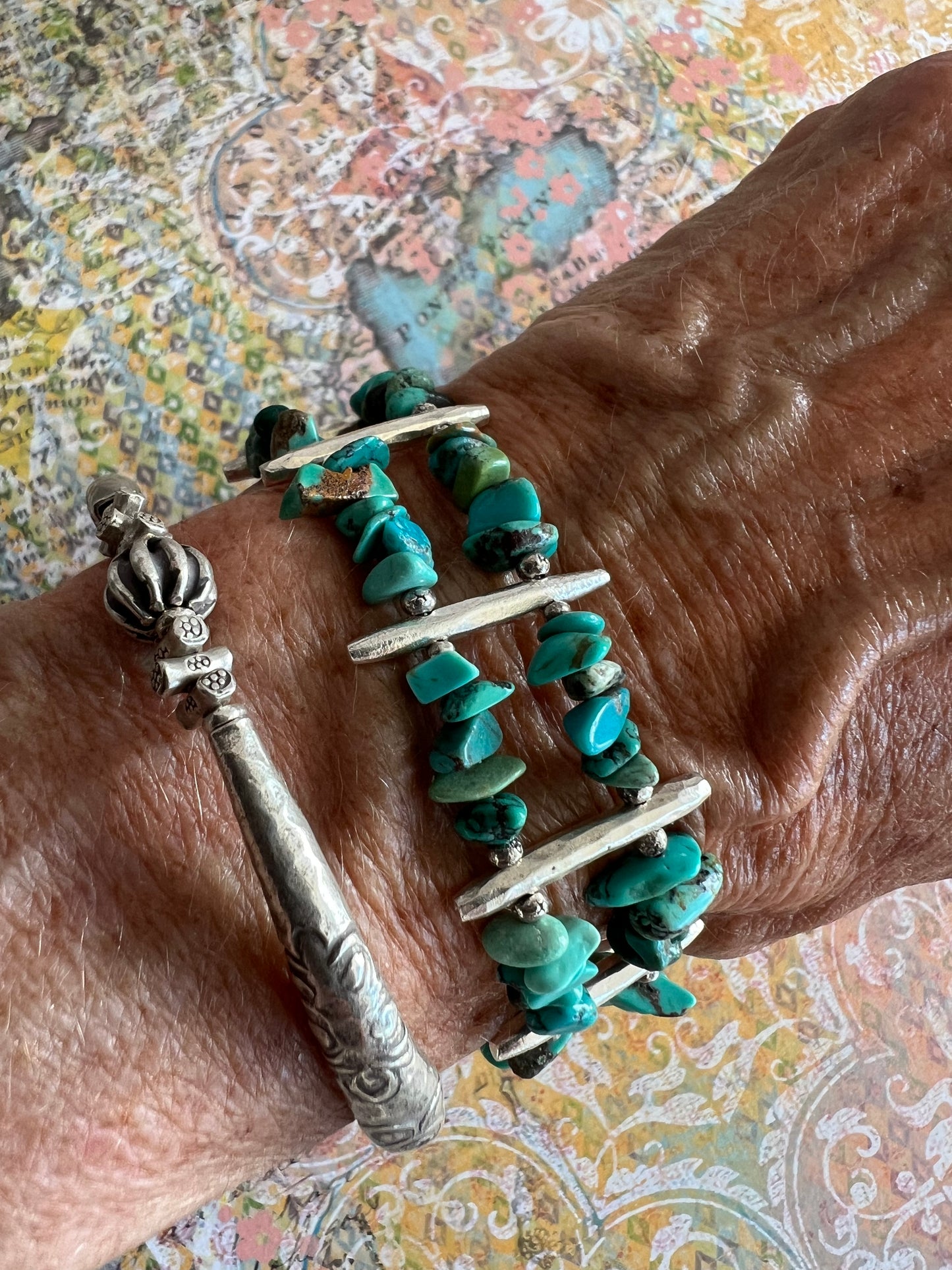 Turquoise and fine silver ladder bracelet. Fits 7-8” wrists.