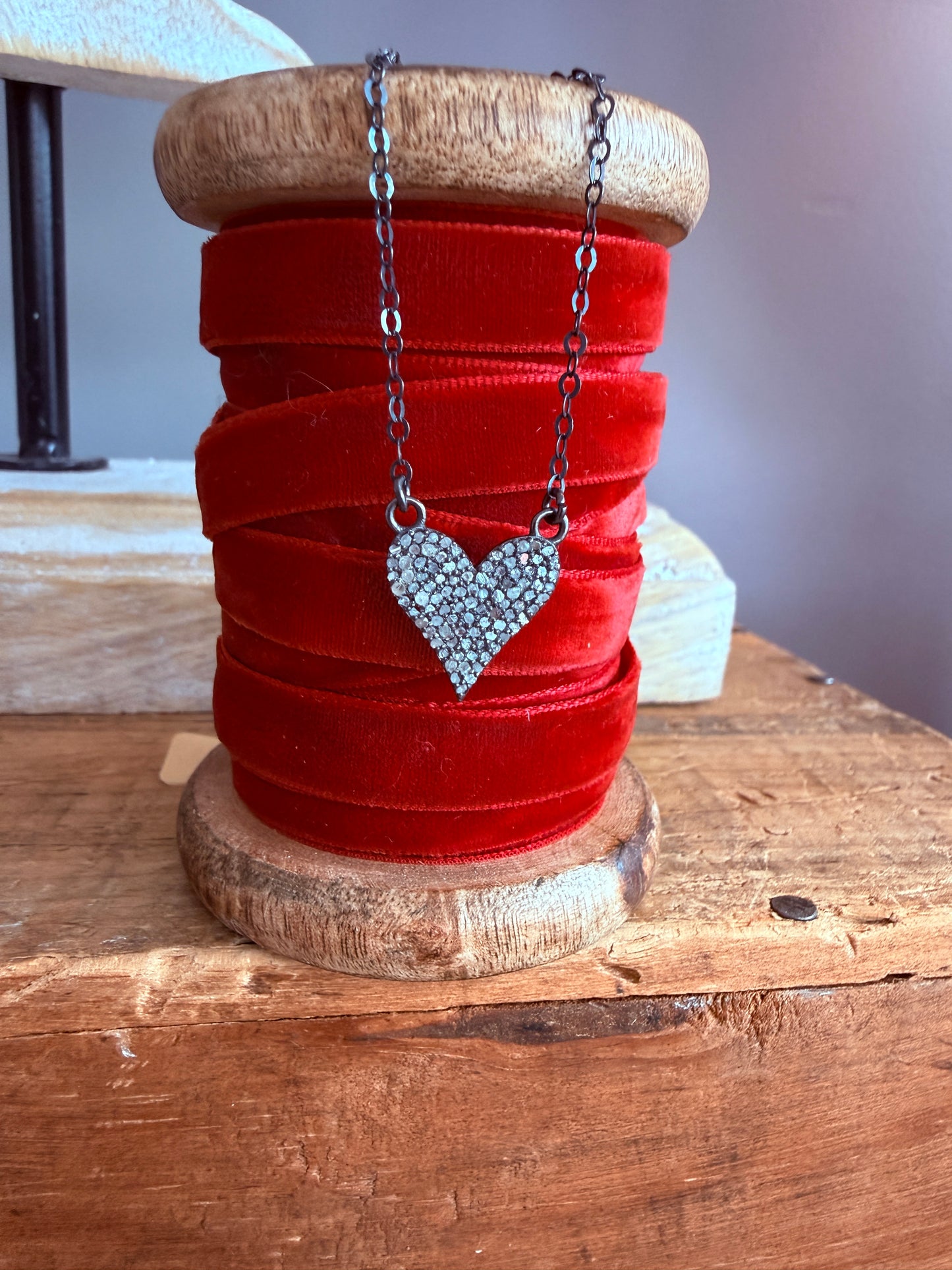 Rhodium sterling pavé diamond heart necklace. 15.5”