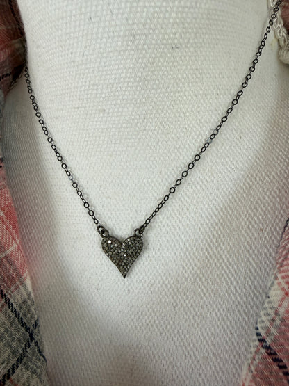 Rhodium sterling pavé diamond heart necklace. 15.5”