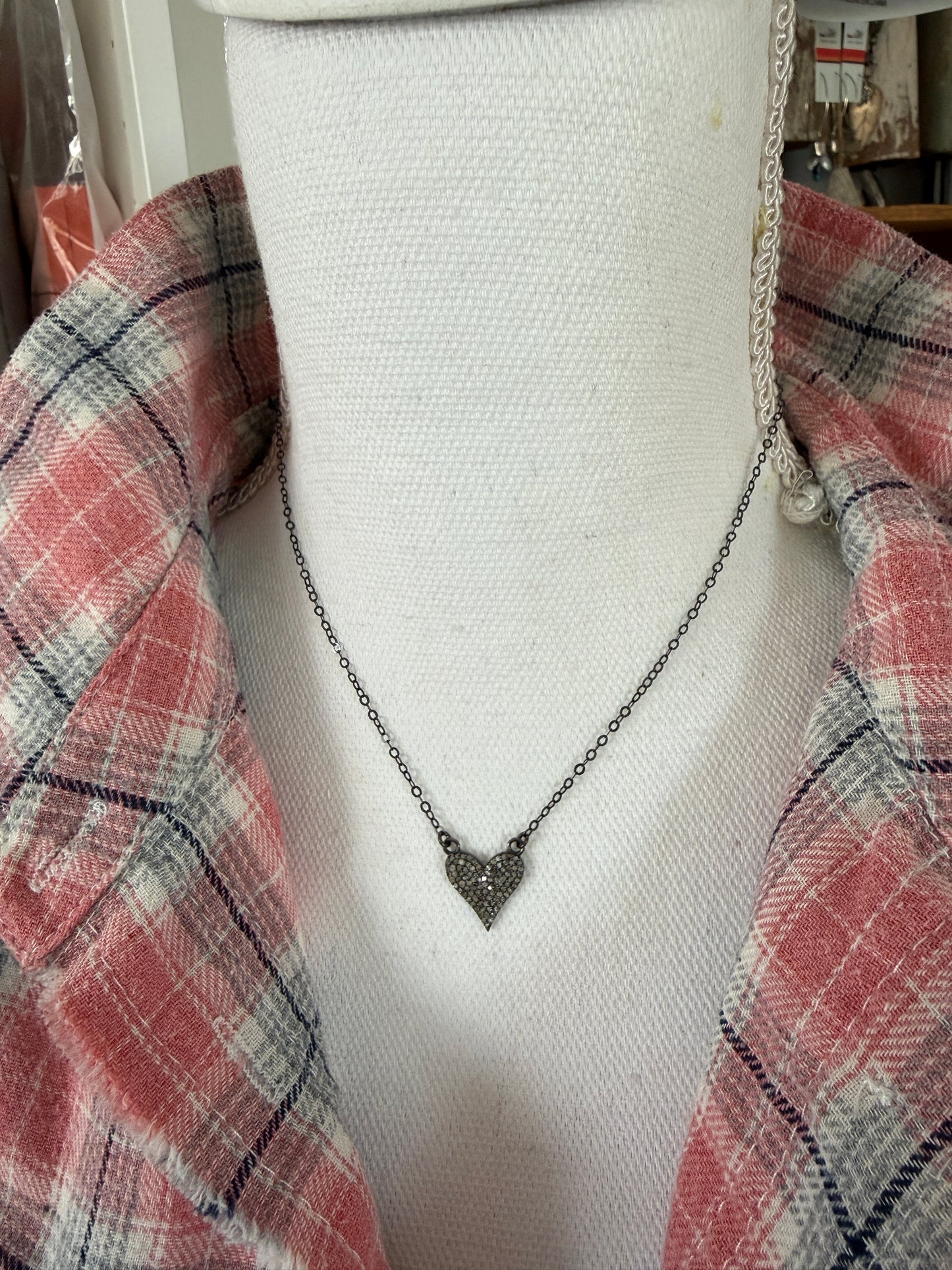 Rhodium sterling pavé diamond heart necklace. 15.5”