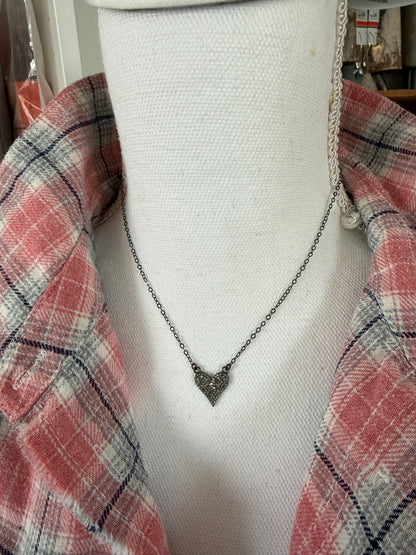 Rhodium sterling pavé diamond heart necklace. 15.5”