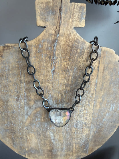 Prism crystal heart on gunmetal base metal chain necklace.