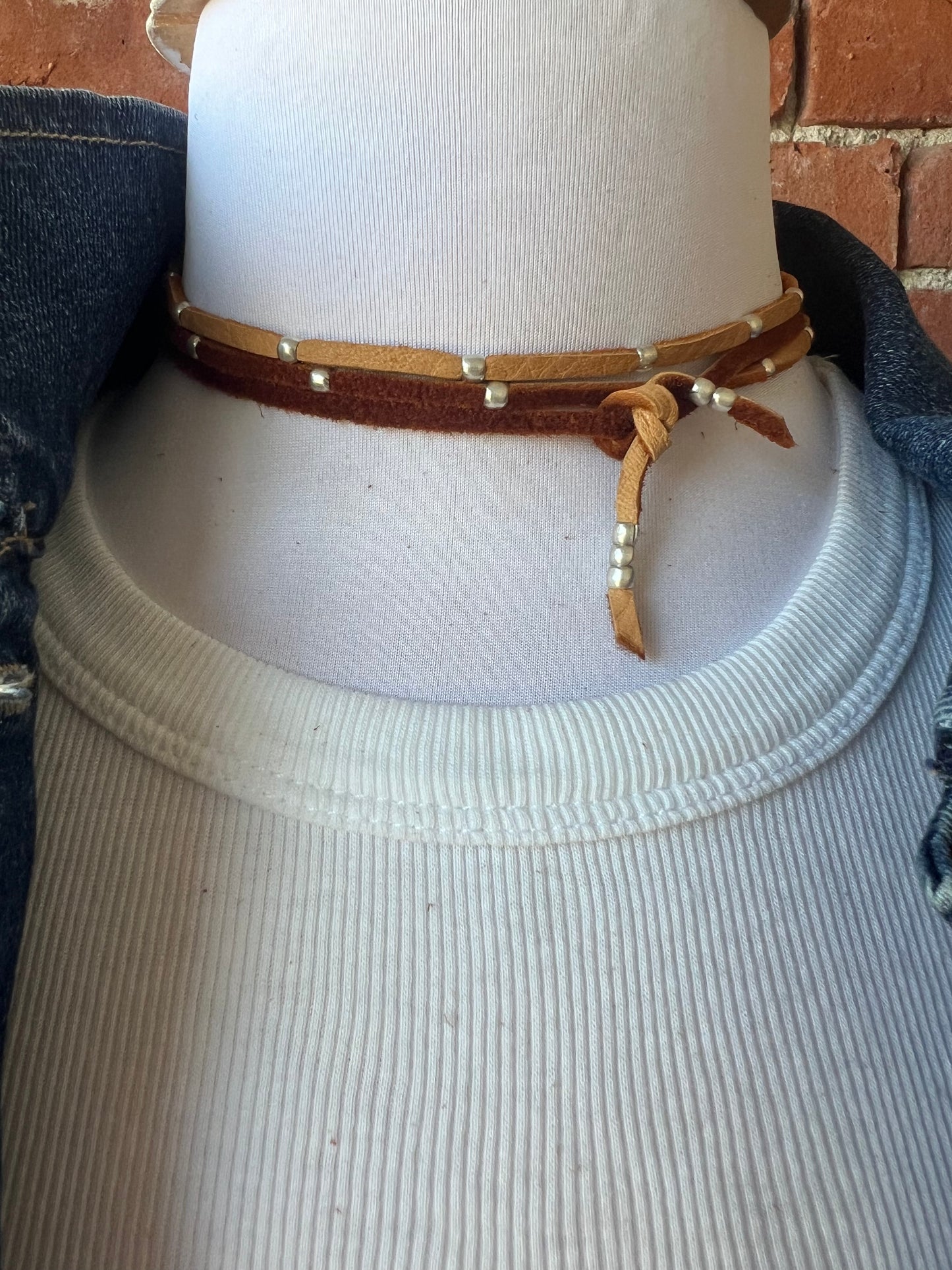 Thin deerskin “scarf” wrap necklace or bracelet with fine silver beads.