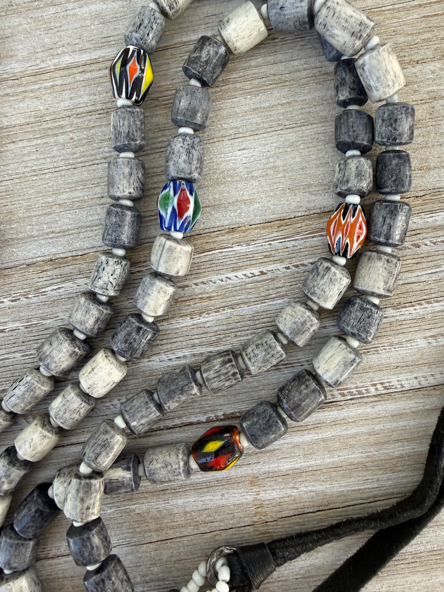 Dark grey barrel beads with colorful trade beads adjustable long necklace.