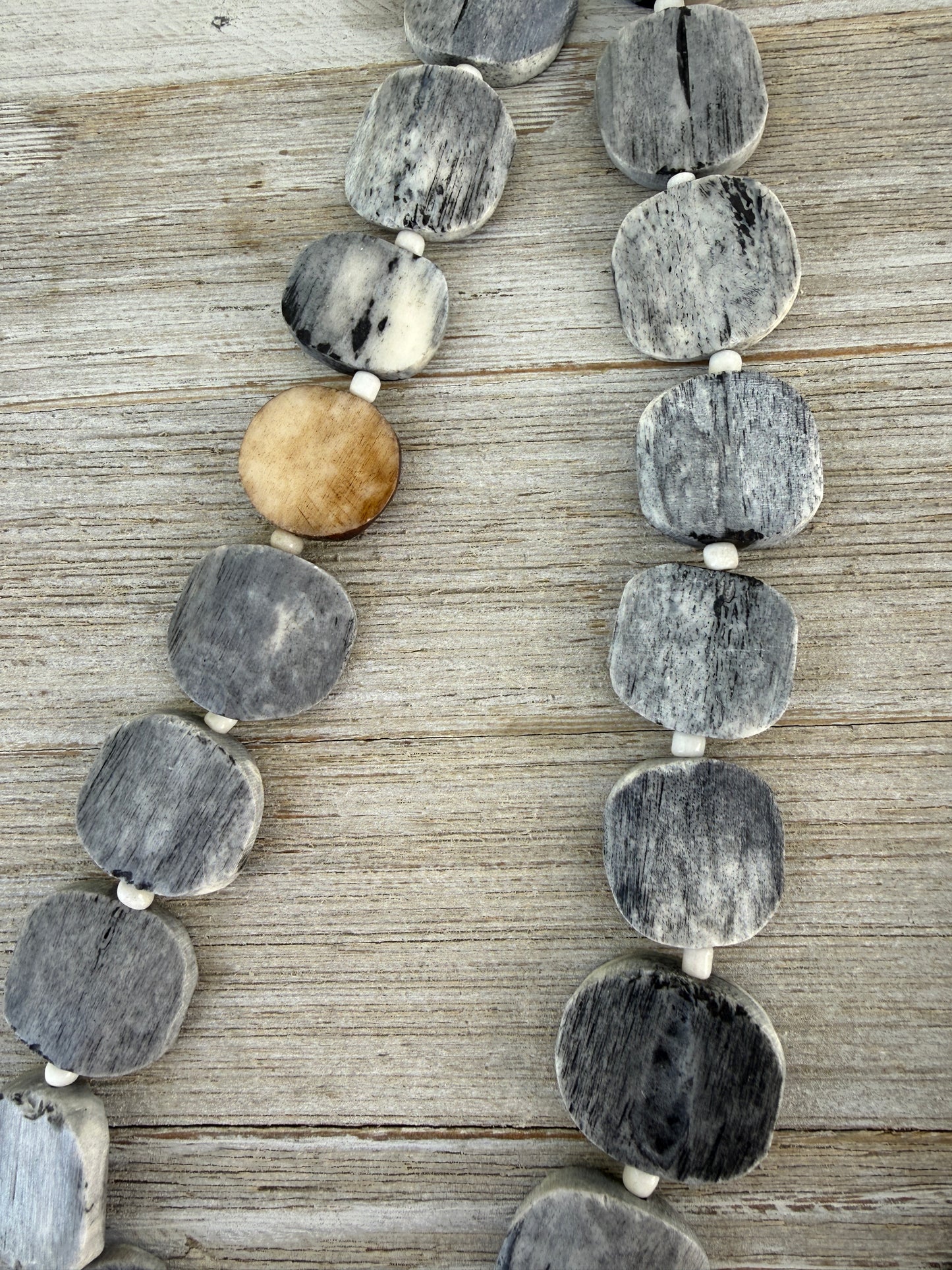 Dark grey bone coin long necklace with fine silver toggle. 35.75”