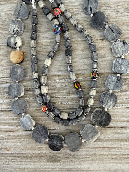 Dark grey barrel beads with colorful trade beads adjustable long necklace.
