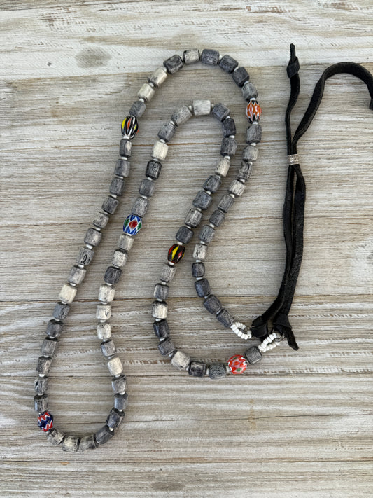Dark grey barrel beads with colorful trade beads adjustable long necklace.