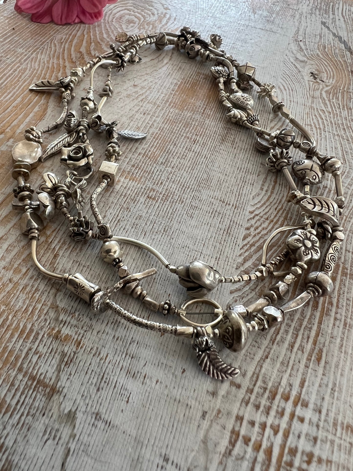 Fine silver extra long flower garden necklace. 47” long.