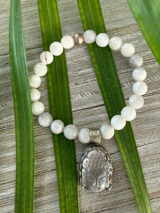 White moonstone bracelet with carved Tibetan quartz Buddha bracelet.6-6.5”