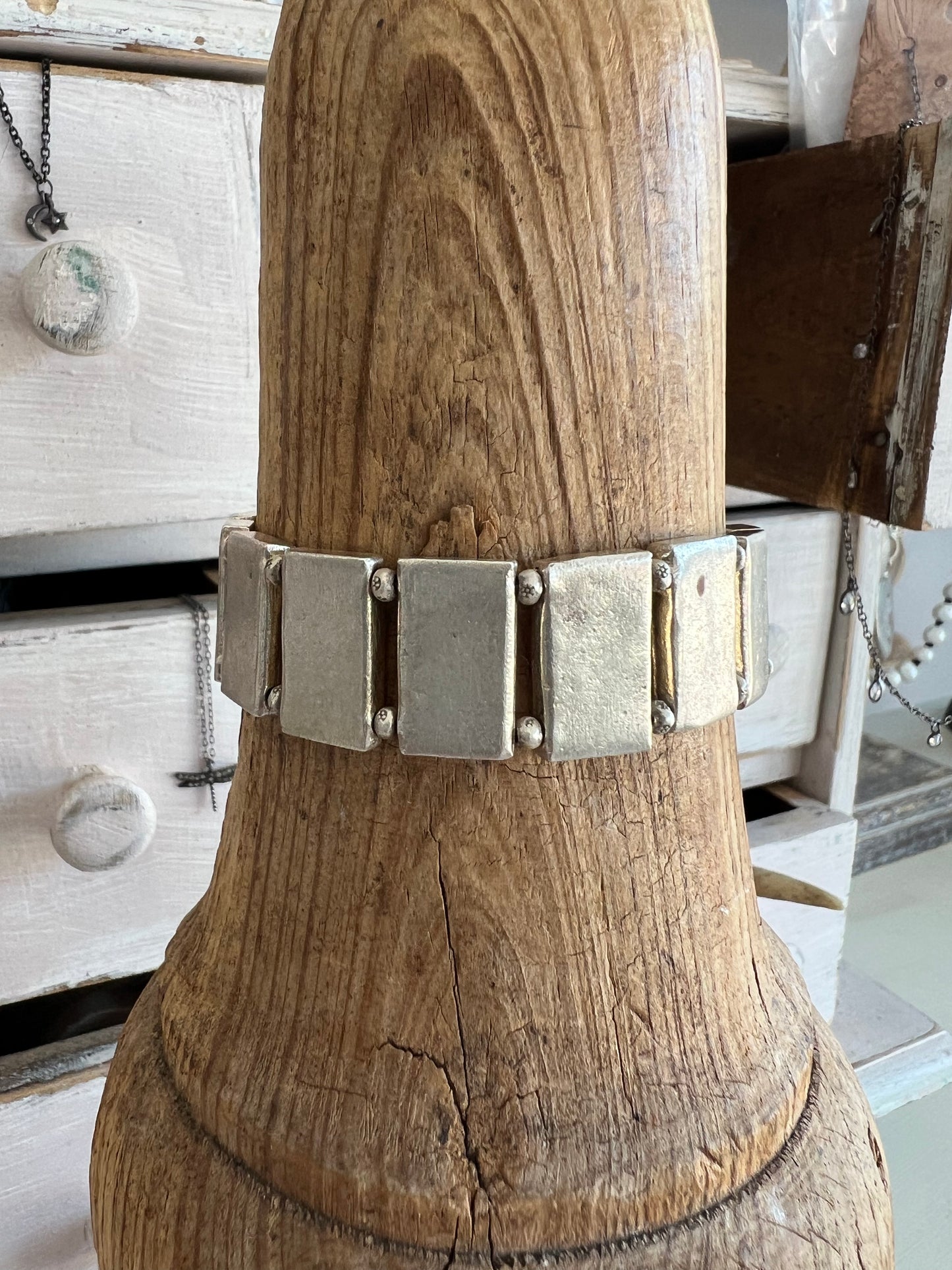 Rectangular fine silver block bracelet.