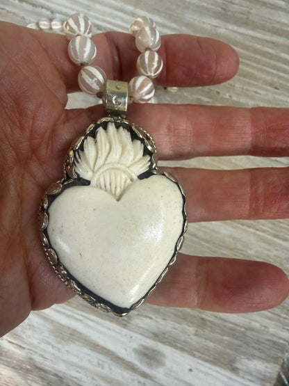 Knotted white striped agate Dzi beads long necklace with removable carved bone Tibetan flaming heart pendant. 35”