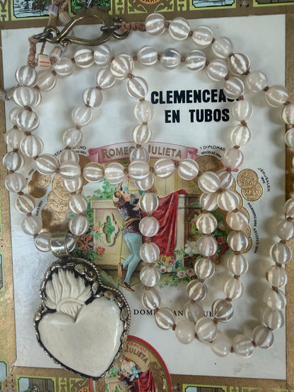 Knotted white striped agate Dzi beads long necklace with removable carved bone Tibetan flaming heart pendant. 35”