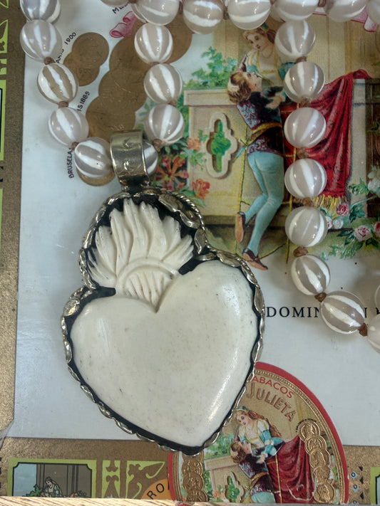 Knotted white striped agate Dzi beads long necklace with removable carved bone Tibetan flaming heart pendant. 35”