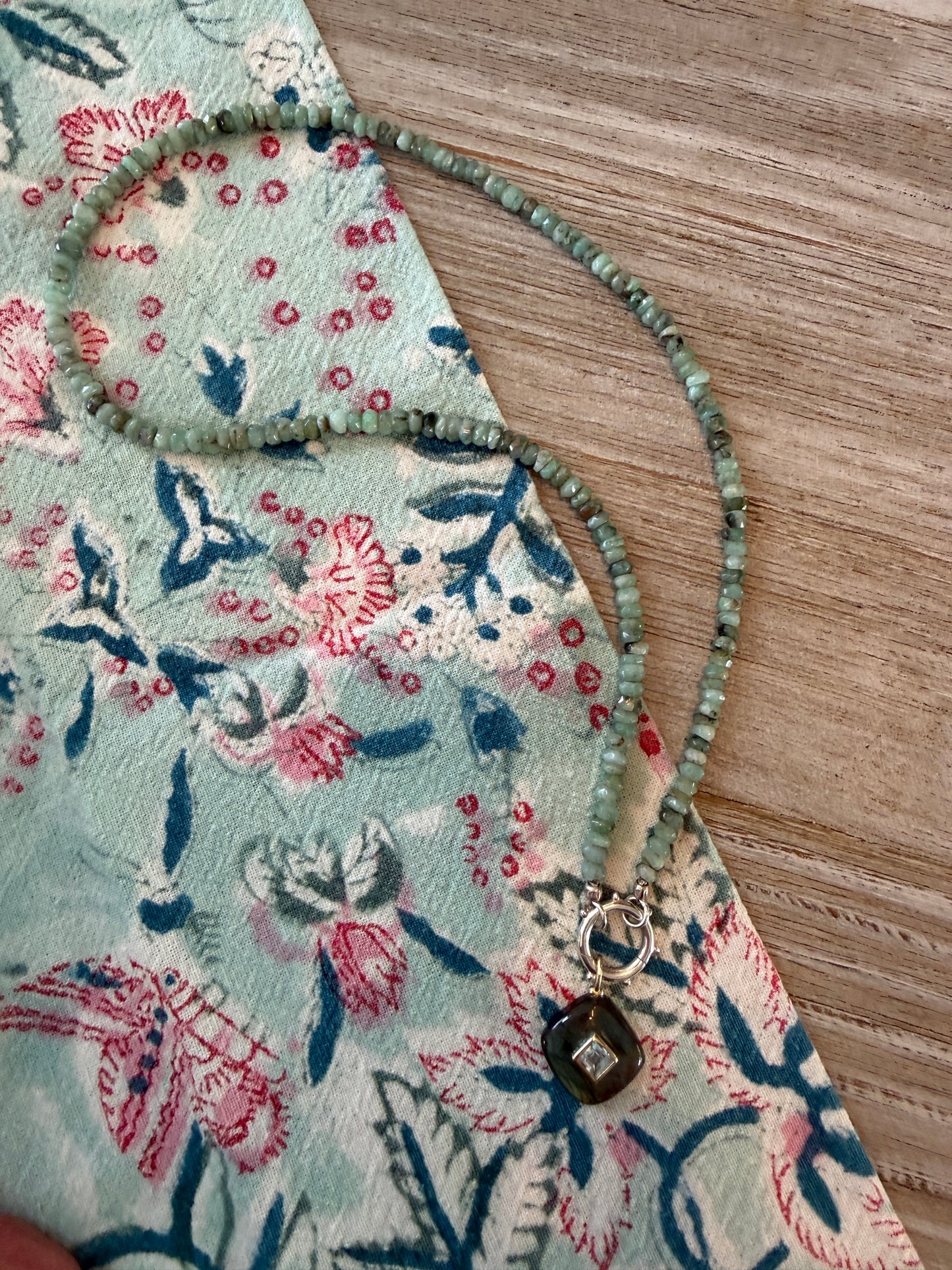 Labradorite and topaz pendant on faceted amazonite with sterling hinge clasp necklace. 17”
