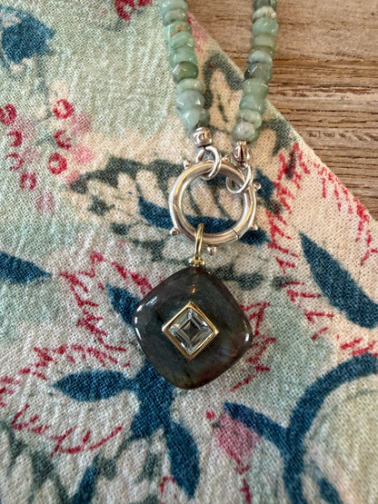 Labradorite and topaz pendant on faceted amazonite with sterling hinge clasp necklace. 17”