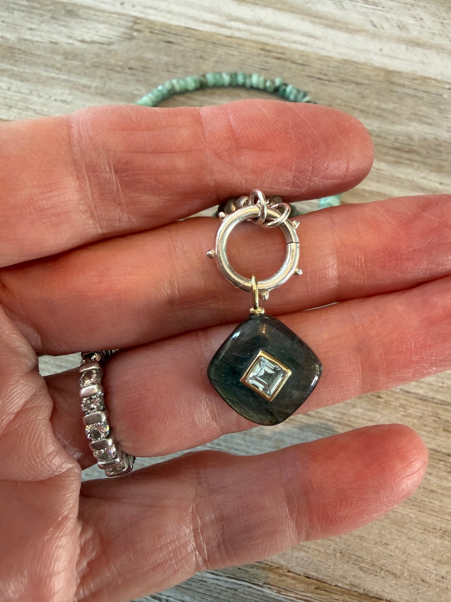 Labradorite and topaz pendant on faceted amazonite with sterling hinge clasp necklace. 17”