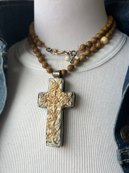 Carved Tibetan cross on wood agates, hand knotted long necklace.