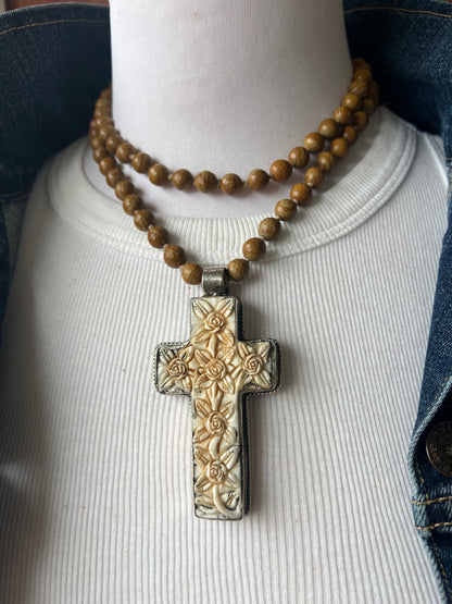 Carved Tibetan cross on wood agates, hand knotted long necklace.