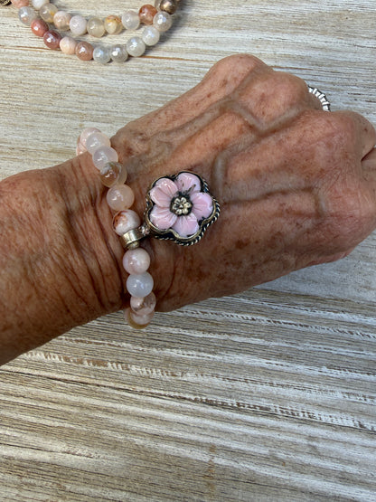 Tibetan pink Opal carved flower on cherry blossom agate stretch bracelet. 7”.