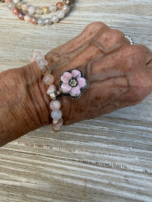 Tibetan pink Opal carved flower on cherry blossom agate stretch bracelet. 7”.